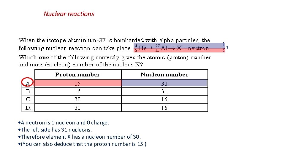 Nuclear reactions 1 n 0 A neutron is 1 nucleon and 0 charge. The