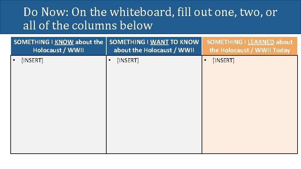 Do Now: On the whiteboard, fill out one, two, or all of the columns