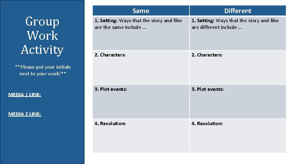 Group Work Activity Same Different 1. Setting: Ways that the story and film are