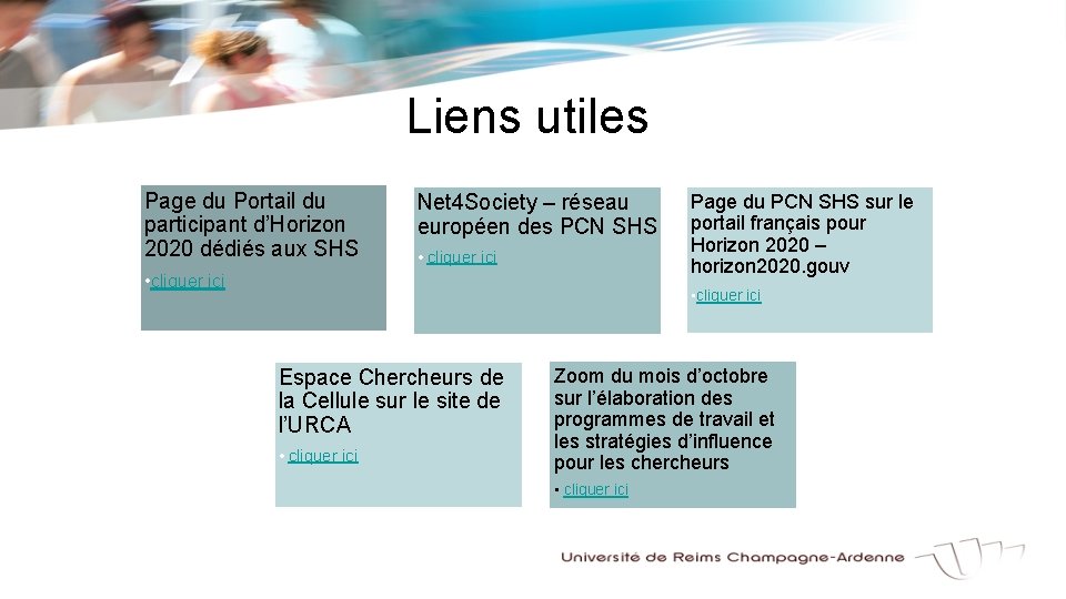 Liens utiles Page du Portail du participant d’Horizon 2020 dédiés aux SHS Net 4