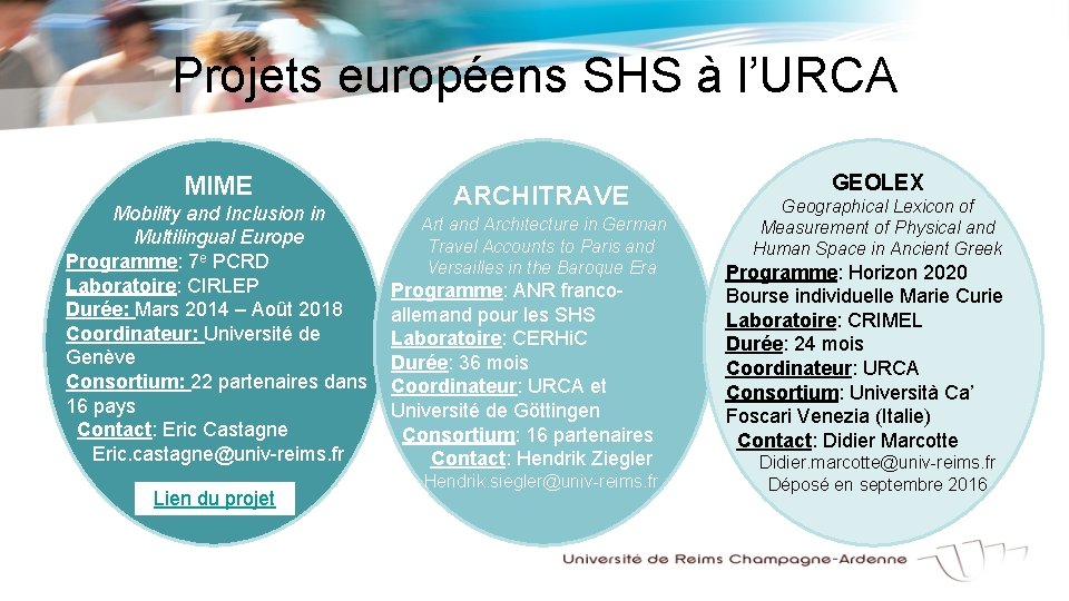 Projets européens SHS à l’URCA MIME Mobility and Inclusion in Multilingual Europe Programme: 7