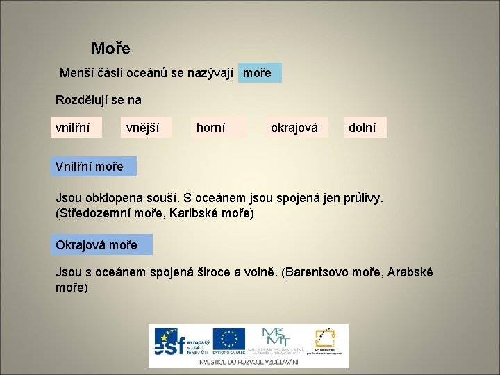 Moře Menší části oceánů se nazývají moře Rozdělují se na vnitřní vnější horní okrajová