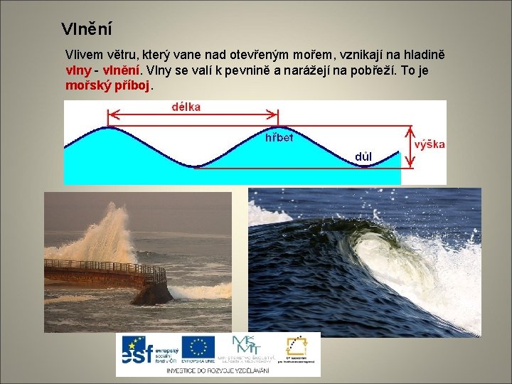 Vlnění Vlivem větru, který vane nad otevřeným mořem, vznikají na hladině vlny - vlnění.