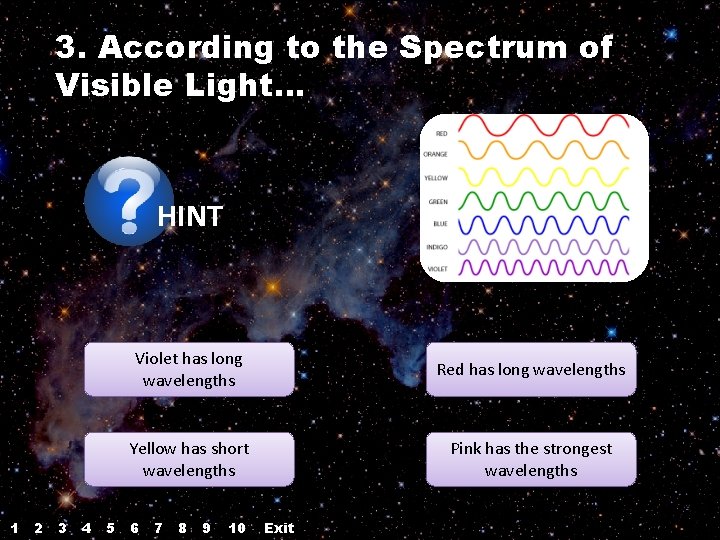 3. According to the Spectrum of Visible Light… HINT 1 2 3 4 5 3. According to the Spectrum of Visible Light… HINT 1 2 3 4 5