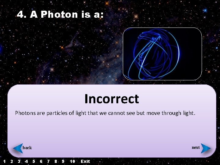 4. A Photon is a: Incorrect Photons are particles of light that we cannot 4. A Photon is a: Incorrect Photons are particles of light that we cannot