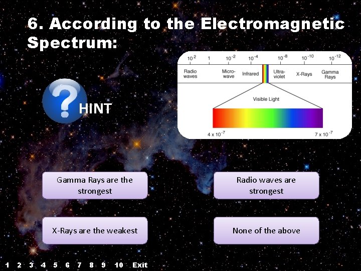 6. According to the Electromagnetic Spectrum: HINT 1 2 3 4 Gamma Rays are 6. According to the Electromagnetic Spectrum: HINT 1 2 3 4 Gamma Rays are