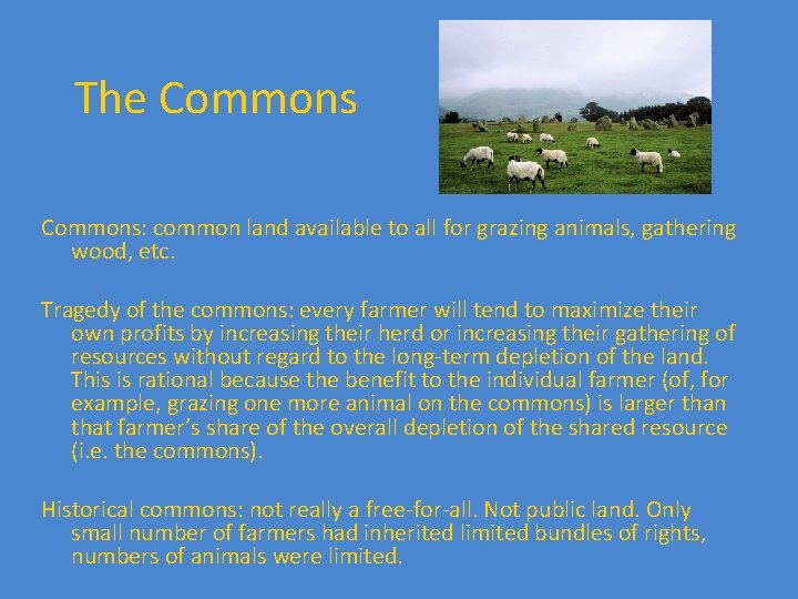 The Commons: common land available to all for grazing animals, gathering wood, etc. Tragedy