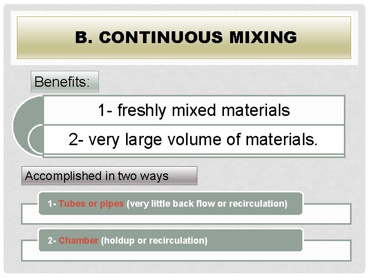 B. CONTINUOUS MIXING Benefits: 1 - freshly mixed materials 2 - very large volume