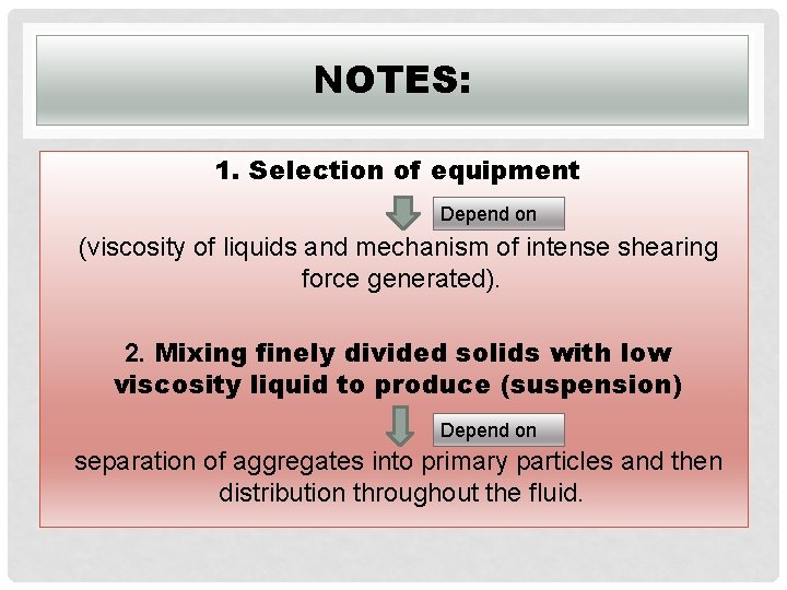 NOTES: 1. Selection of equipment Depend on (viscosity of liquids and mechanism of intense