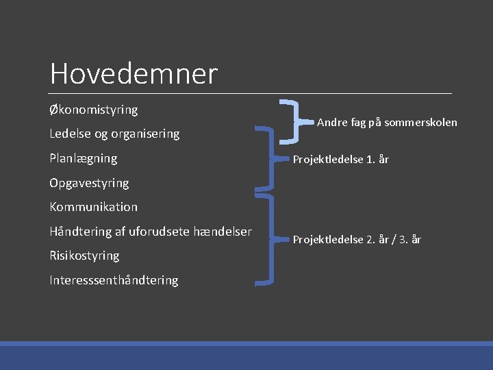 Hovedemner Økonomistyring Ledelse og organisering Planlægning Andre fag på sommerskolen Projektledelse 1. år Opgavestyring