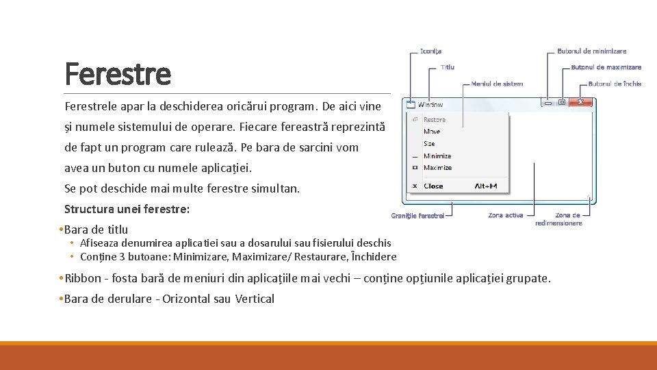 Ferestre Ferestrele apar la deschiderea oricărui program. De aici vine și numele sistemului de