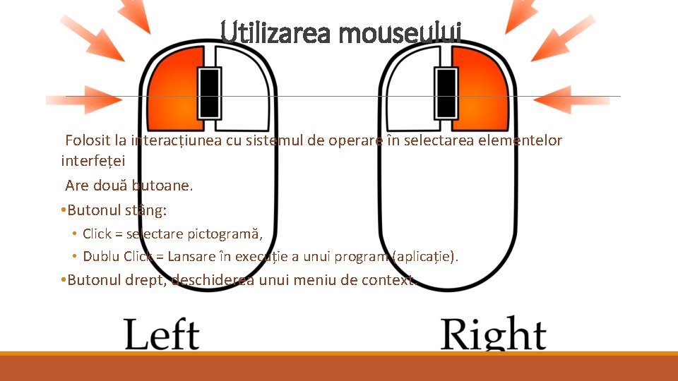 Utilizarea mouseului Folosit la interacțiunea cu sistemul de operare în selectarea elementelor interfeței Are