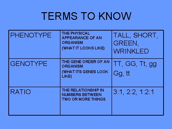 TERMS TO KNOW PHENOTYPE THE PHYSICAL APPEARANCE OF AN ORGANISM (WHAT IT LOOKS LIKE)