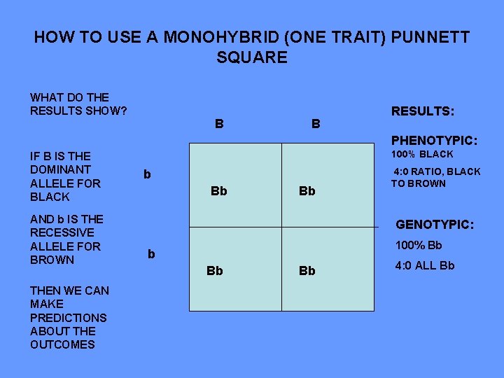 HOW TO USE A MONOHYBRID (ONE TRAIT) PUNNETT SQUARE WHAT DO THE RESULTS SHOW?