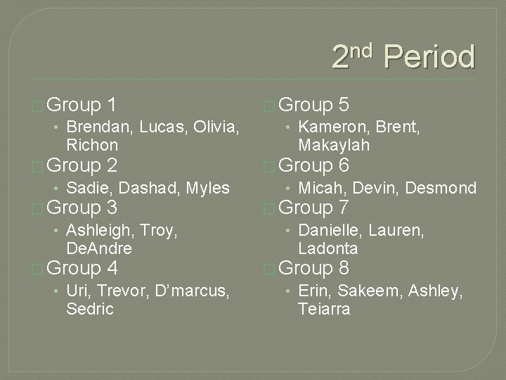 2 nd Period � Group 1 • Brendan, Lucas, Olivia, Richon � Group 2 2 nd Period � Group 1 • Brendan, Lucas, Olivia, Richon � Group 2
