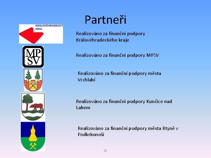 Partneři Realizováno za finanční podpory Královéhradeckého kraje Realizováno za finanční podpory MPSV Realizováno za