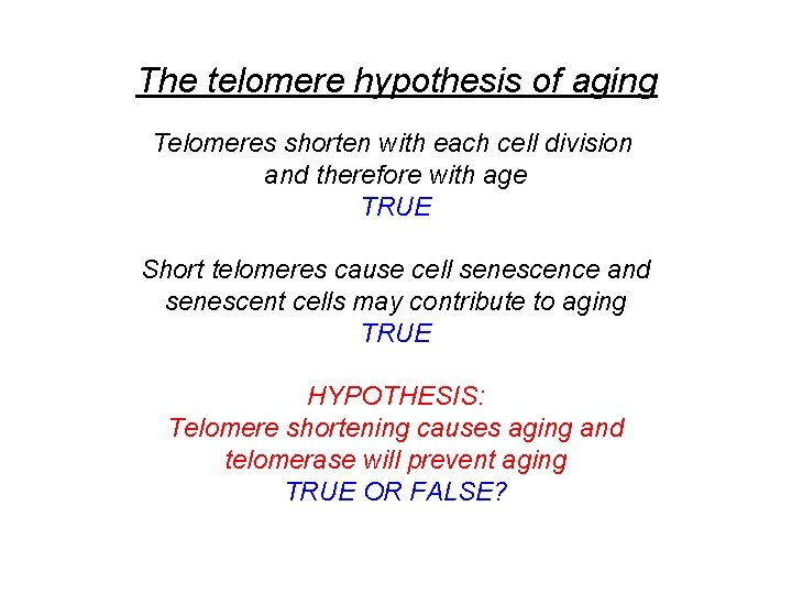 The telomere hypothesis of aging Telomeres shorten with each cell division and therefore with