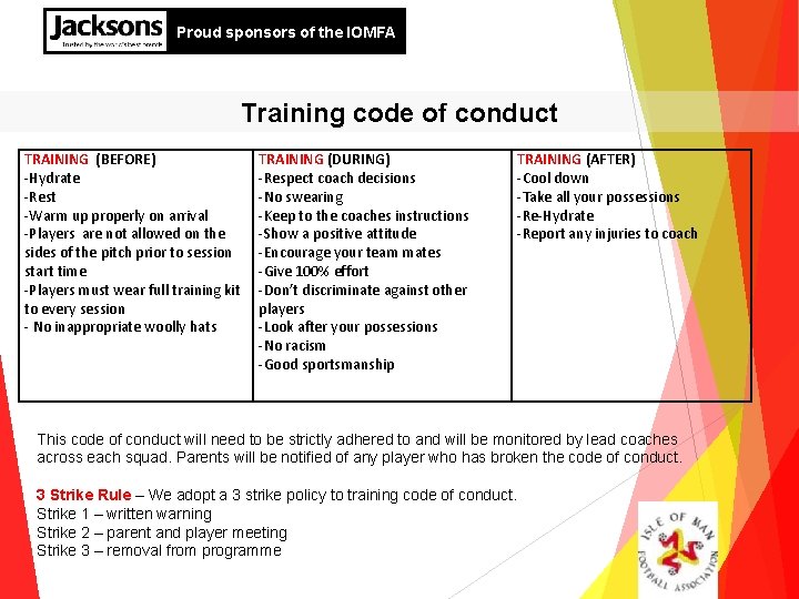 Proud sponsors of the IOMFA Training code of conduct TRAINING (BEFORE) -Hydrate -Rest -Warm