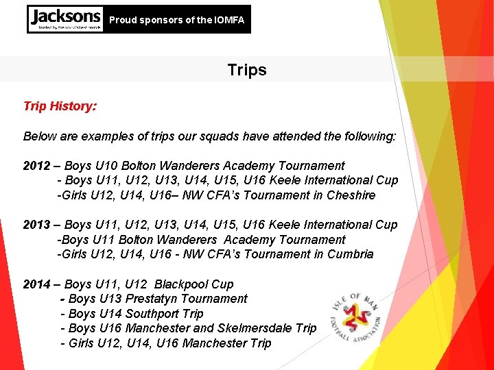 Proud sponsors of the IOMFA Trips Trip History: Below are examples of trips our