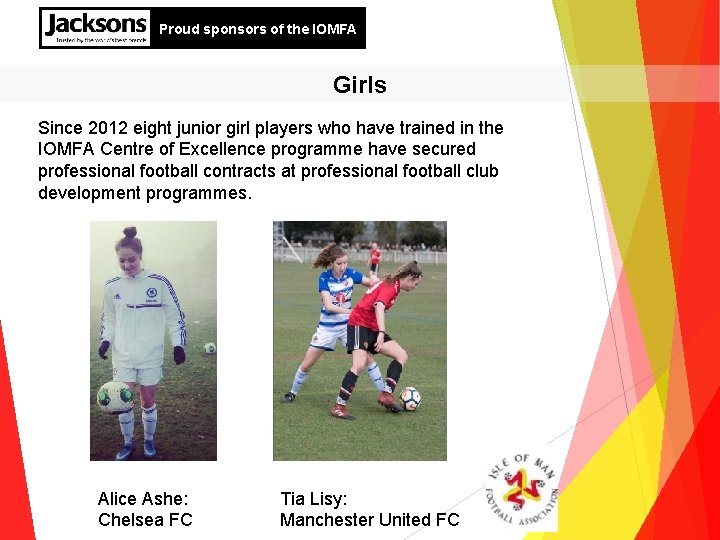 Proud sponsors of the IOMFA Girls Since 2012 eight junior girl players who have