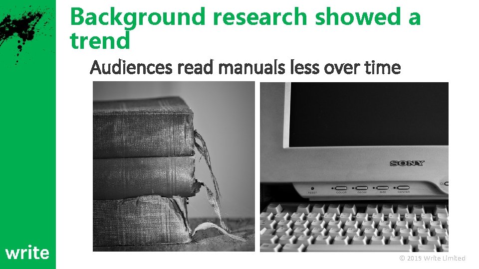 Background research showed a trend Audiences read manuals less over time © 2019 Write
