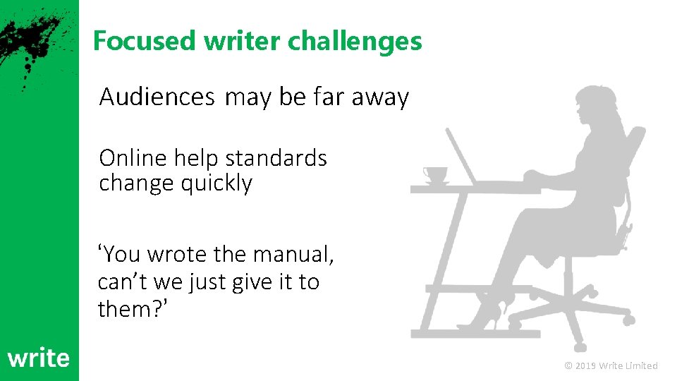 Focused writer challenges Audiences may be far away Online help standards change quickly ‘You