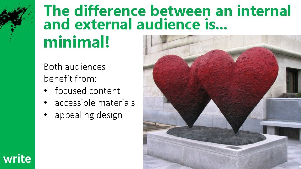 The difference between an internal and external audience is. . . minimal! Both audiences