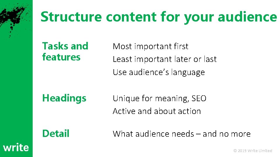 Structure content for your audience Tasks and features Most important first Least important later