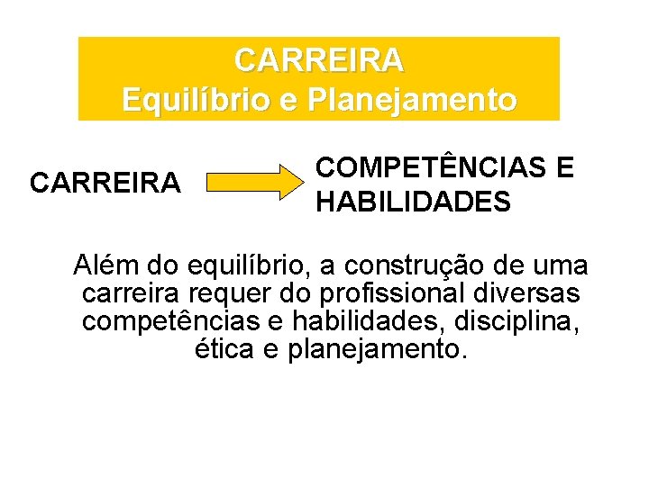 CARREIRA Equilíbrio e Planejamento CARREIRA COMPETÊNCIAS E HABILIDADES Além do equilíbrio, a construção de