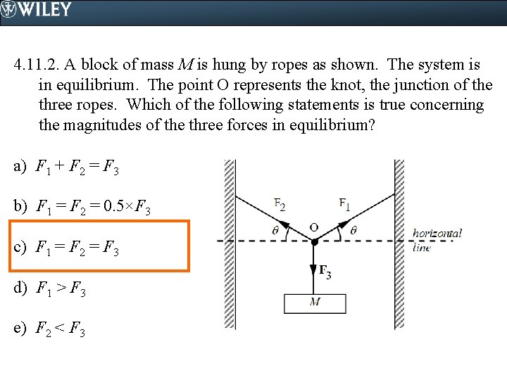 4. 11. 2. A block of mass M is hung by ropes as shown.