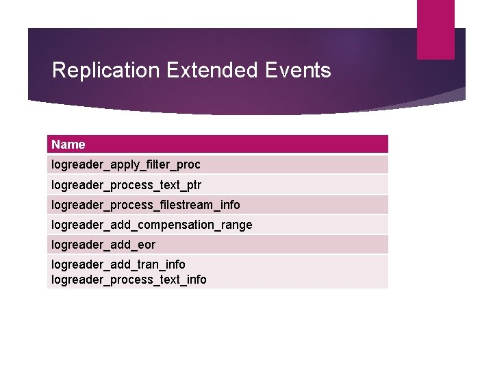 Replication Extended Events Name logreader_apply_filter_proc logreader_process_text_ptr logreader_process_filestream_info logreader_add_compensation_range logreader_add_eor logreader_add_tran_info logreader_process_text_info 