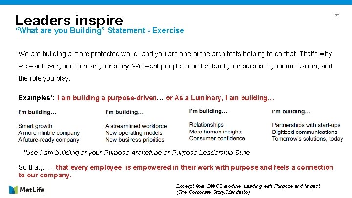 Leaders inspire 32 “What are you Building” Statement - Exercise We are building a