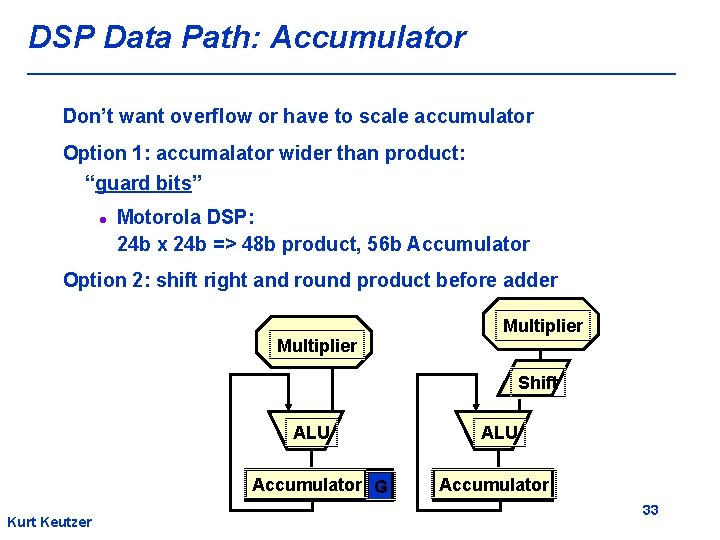 DSP Data Path: Accumulator Don’t want overflow or have to scale accumulator Option 1: