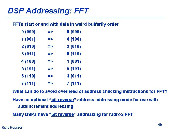 DSP Addressing: FFTs start or end with data in weird bufferfly order 0 (000)