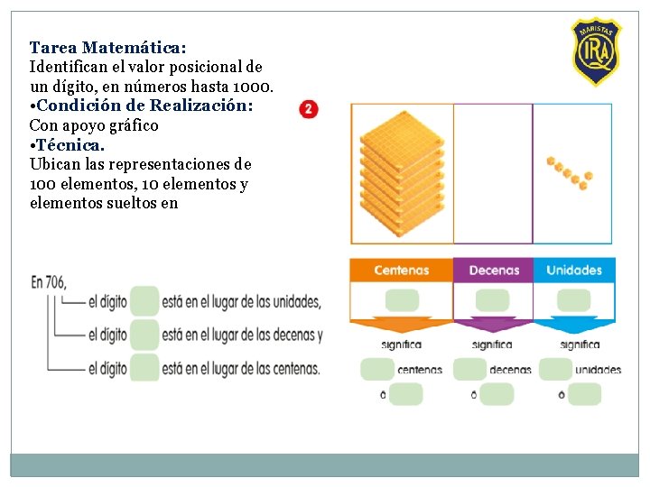 Tarea Matemática: Identifican el valor posicional de un dígito, en números hasta 1000. •