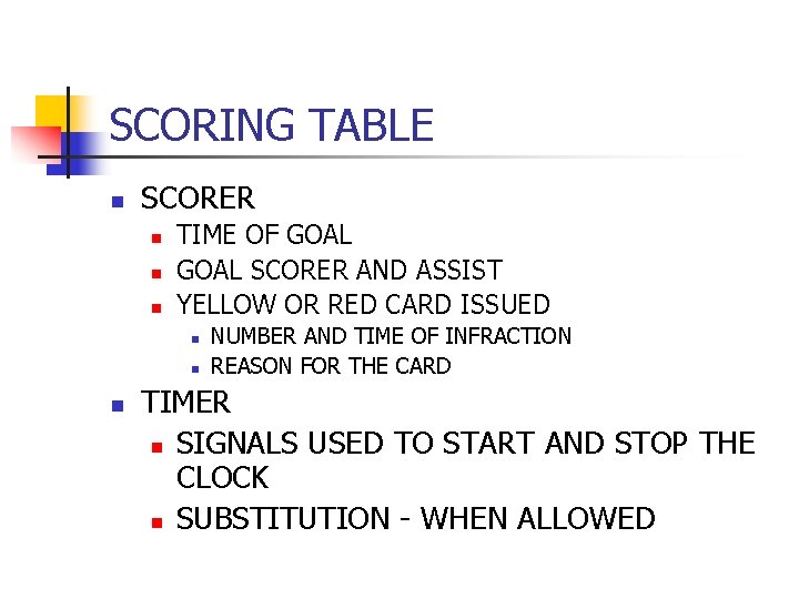 SCORING TABLE n SCORER n n n TIME OF GOAL SCORER AND ASSIST YELLOW