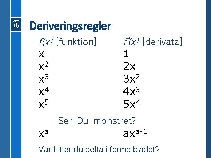 Deriveringsregler f(x) [funktion] x x 2 x 3 x 4 x 5 f’(x) [derivata]