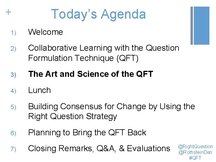 + Today’s Agenda 1) Welcome 2) Collaborative Learning with the Question Formulation Technique (QFT)