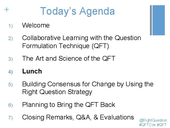 + Today’s Agenda 1) Welcome 2) Collaborative Learning with the Question Formulation Technique (QFT)