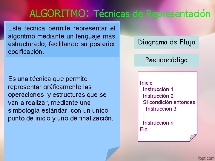 ALGORITMO: Técnicas de Representación Está técnica permite representar el algoritmo mediante un lenguaje más