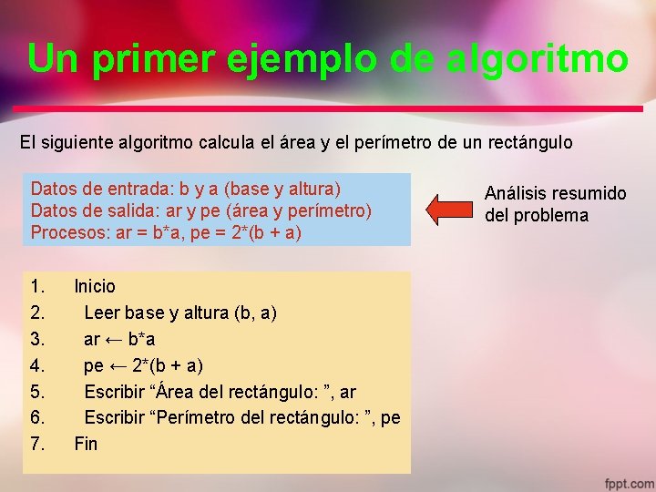 Un primer ejemplo de algoritmo El siguiente algoritmo calcula el área y el perímetro