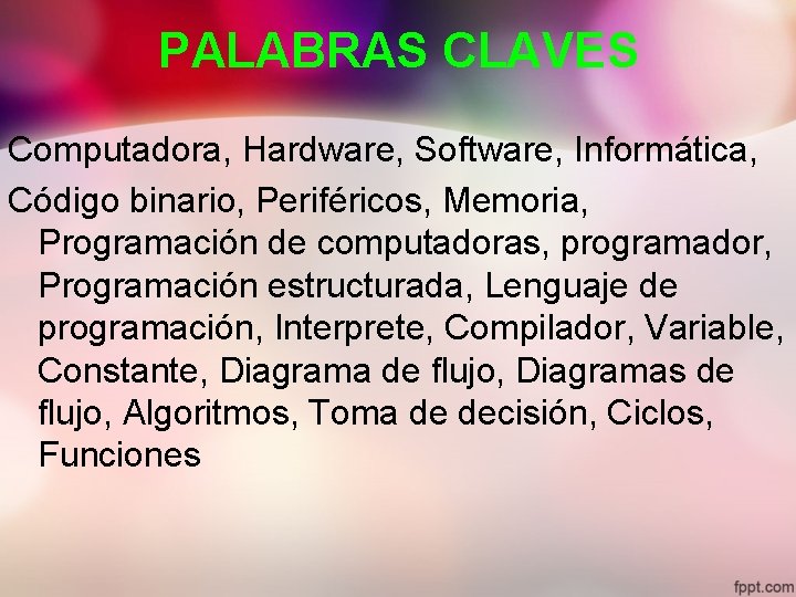 PALABRAS CLAVES Computadora, Hardware, Software, Informática, Código binario, Periféricos, Memoria, Programación de computadoras, programador,