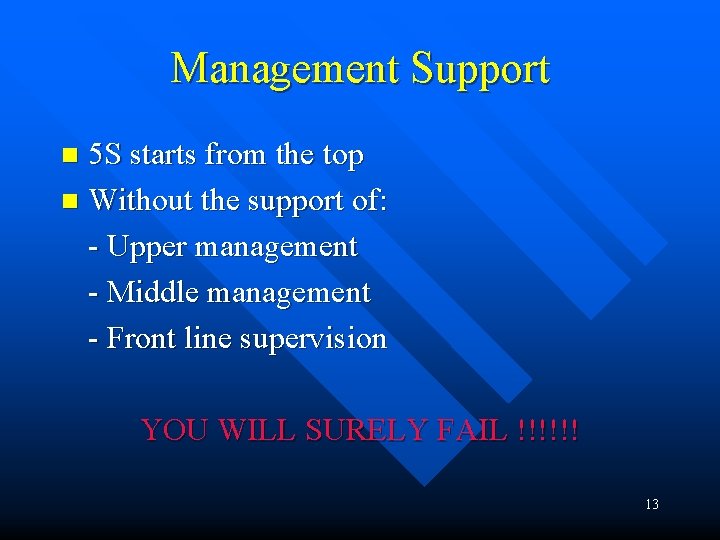 Management Support 5 S starts from the top n Without the support of: -