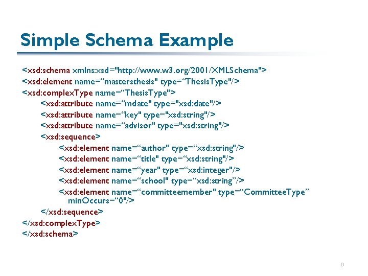 Simple Schema Example <xsd: schema xmlns: xsd="http: //www. w 3. org/2001/XMLSchema"> <xsd: element name=“mastersthesis"