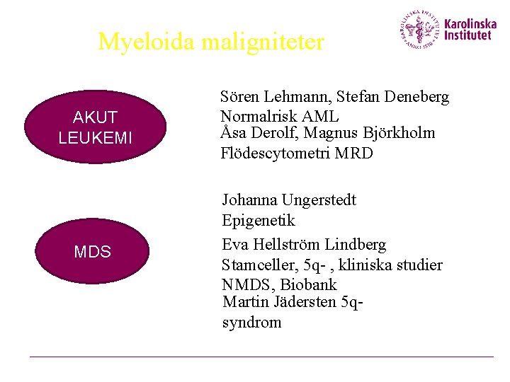 Myeloida maligniteter AKUT LEUKEMI MDS Sören Lehmann, Stefan Deneberg Normalrisk AML Åsa Derolf, Magnus