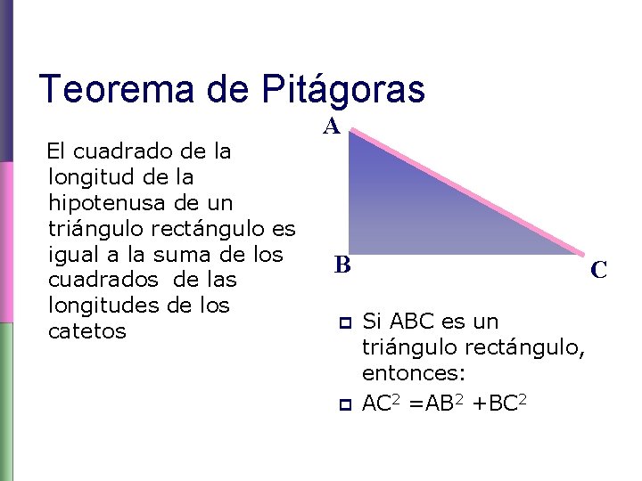 Teorema de Pitágoras El cuadrado de la longitud de la hipotenusa de un triángulo