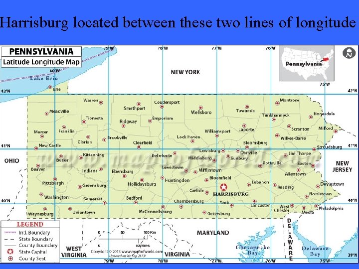 Harrisburg located between these two lines of longitude 