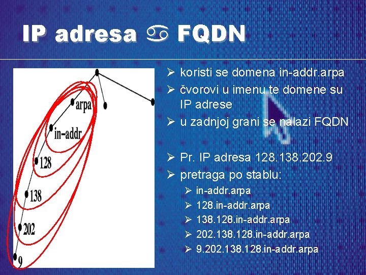 IP adresa a FQDN Ø koristi se domena in-addr. arpa Ø čvorovi u imenu