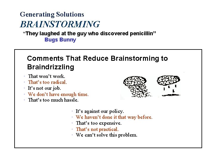 Generating Solutions BRAINSTORMING “They laughed at the guy who discovered penicillin” Bugs Bunny Comments