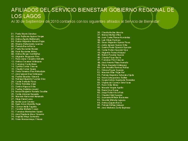 AFILIADOS DEL SERVICIO BIENESTAR GOBIERNO REGIONAL DE LOS LAGOS Al 30 de Septiembre de